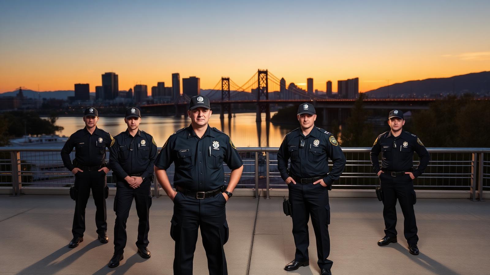 Team of licensed unarmed Stormhammer Security guards standing in front of the Sacramento skyline and Tower Bridge at golden hour